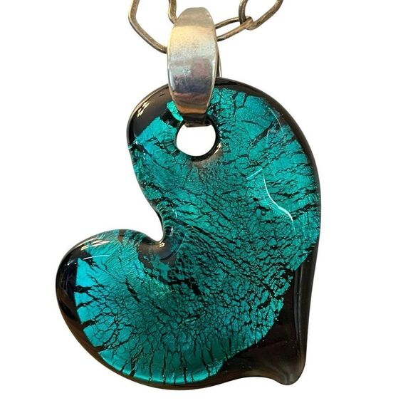 Murano Glass Italy Green Glass Heart Pendant Necklace Silver Tone Heart Chain - Picture 3 of 6